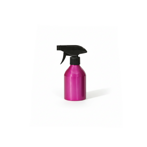 A metallic magenta pink spray bottle with a black trigger sprayer, isolated on a white background.