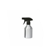 A silver aluminum spray bottle with a black trigger sprayer, isolated on a white background.