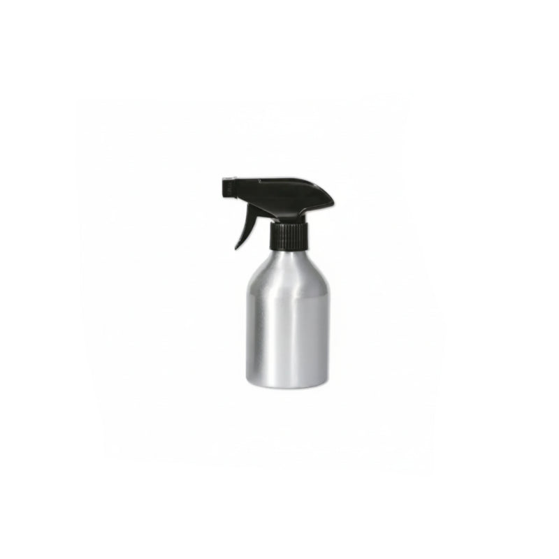 A silver aluminum spray bottle with a black trigger sprayer, isolated on a white background.