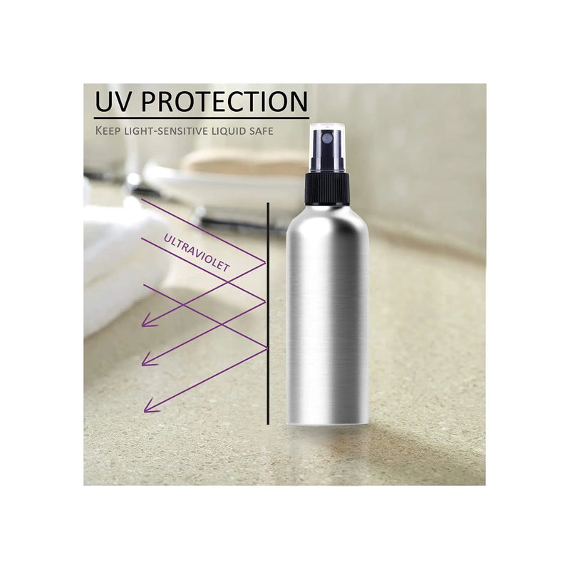 A brushed silver spray bottle with a black spray top, shown on a countertop with overlaid text reading 'UV PROTECTION' and arrows indicating ultraviolet protection.