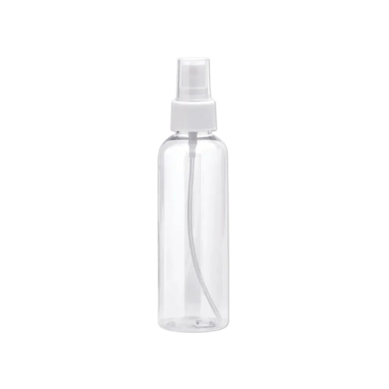 A clear plastic spray bottle with a white spray nozzle and pump, shown against a plain white background.