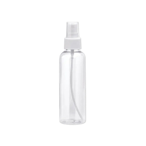 A clear plastic spray bottle with a white spray nozzle and pump, shown against a plain white background.