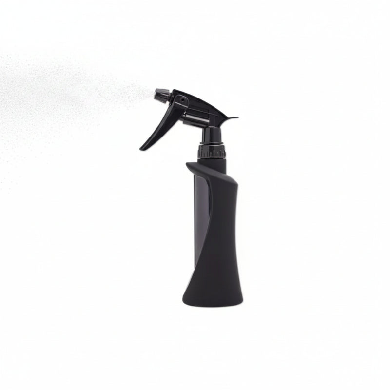 A matte black spray bottle with a trigger sprayer, isolated on a white background.