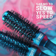 StyleCraft NoFRIZZ 43mm round brush infographic showing pyramid vents and 50 percent greater airflow