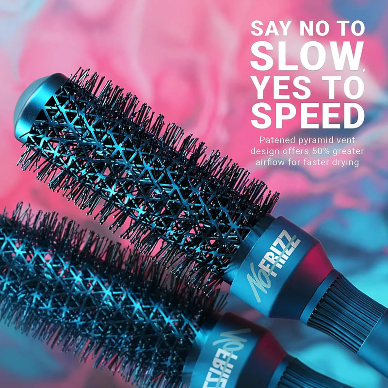 StyleCraft NoFRIZZ 43mm round brush infographic showing pyramid vents and 50 percent greater airflow