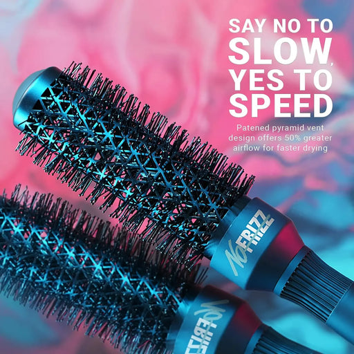 StyleCraft NoFRIZZ 43mm round brush infographic showing pyramid vents and 50 percent greater airflow