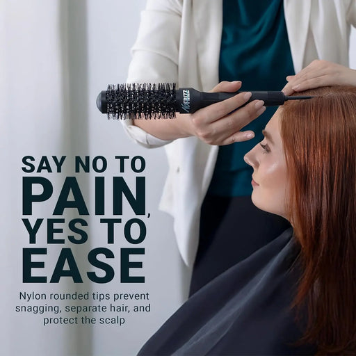 StyleCraft NoFRIZZ round brush infographic showing rounded nylon tips for comfortable styling