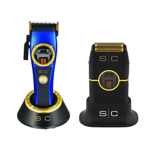 Blue and gold StyleCraft Instinct cordless clipper on charging stand next to matching black and gold foil shaver with SC logo.