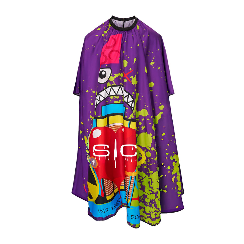 Purple StyleCraft haircut cape with graffiti artwork, professional barber styling cape with full coverage design
