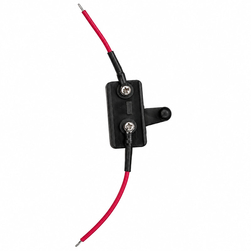 A black plastic electrical relay or switch component with two red wires connected via black boots and silver screw terminals, shown on a plain white background.