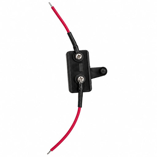 A black plastic electrical relay or switch component with two red wires connected via black boots and silver screw terminals, shown on a plain white background.