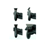 Supreme Trimmer T-Shaper DLC trimmer shown from front, side, and rear angles with a close-up of its precision cutting blade.