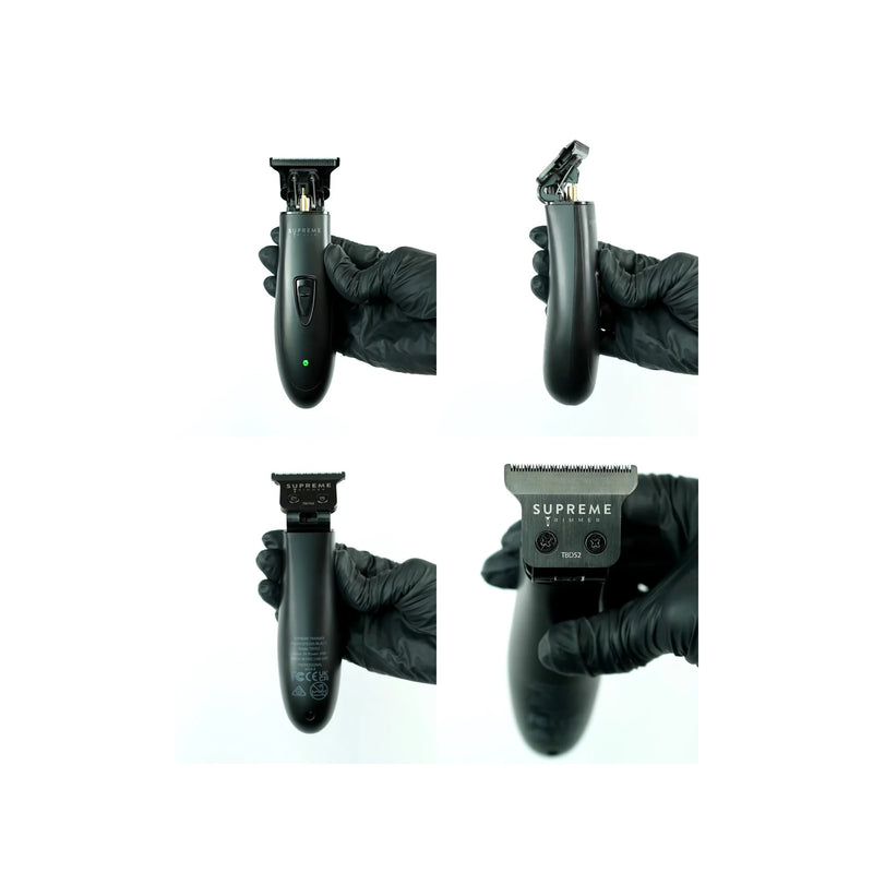Supreme Trimmer T-Shaper DLC trimmer shown from front, side, and rear angles with a close-up of its precision cutting blade.