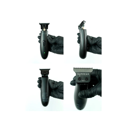 Supreme Trimmer T-Shaper DLC trimmer shown from front, side, and rear angles with a close-up of its precision cutting blade.