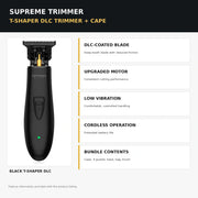 Supreme Trimmer T-Shaper DLC infographic highlighting its deep-tooth DLC blade, upgraded motor, low vibration, cordless design, and included accessories.