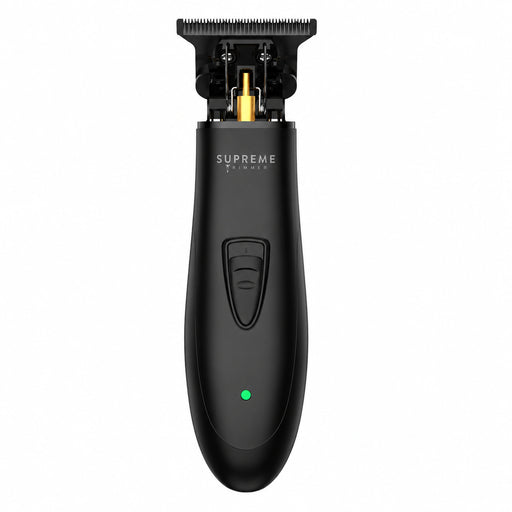 Supreme Trimmer T-Shaper DLC black cordless hair trimmer with precision T-blade, front view on white background.