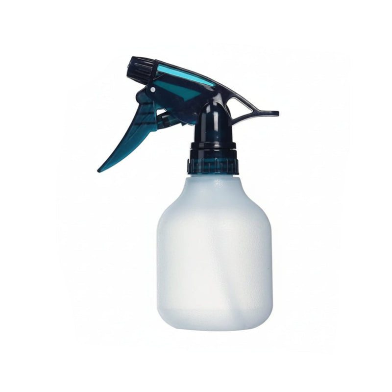 A translucent frosted plastic spray bottle with a dark blue trigger sprayer and black nozzle, isolated on a white background.