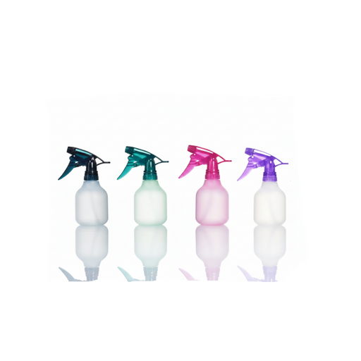 Four plastic spray bottles in white, mint green, pink, and clear with black, teal, magenta, and purple triggers, arranged in a row on a white background.