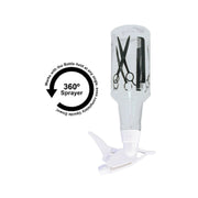 A clear plastic spray bottle with black scissors and comb graphics, shown with a white flip-top sprayer. A circular inset graphic on the left reads 'Works with the Bottle held in any position 360° Sprayer'.