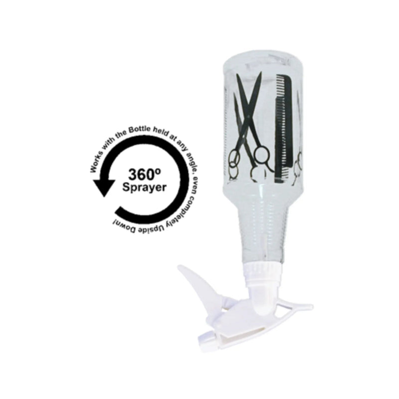 A clear plastic spray bottle with black scissors and comb graphics, shown with a white flip-top sprayer. A circular inset graphic on the left reads 'Works with the Bottle held in any position 360° Sprayer'.