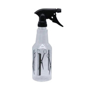 A clear plastic spray bottle with a black trigger sprayer and black scissors graphic printed on the front, isolated on a white background.