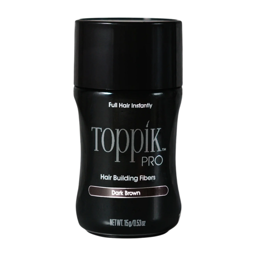 Black container of Toppik Pro hair building fibers on a white background
