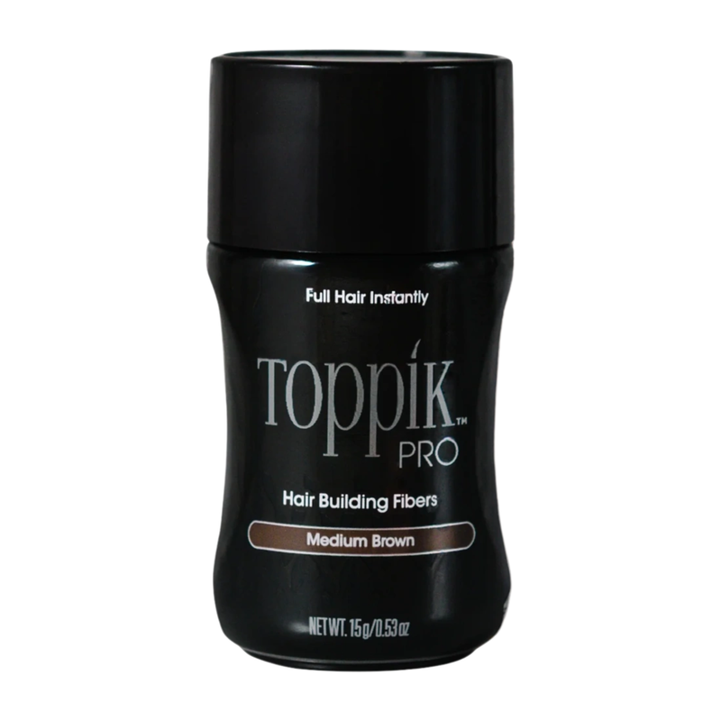 Toppik Pro hair building fibers container with black lid and body on a white background