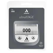 Andis ultraEDGE Size 000 .5 mm clipper blade in its original retail blister packaging, showing the silver metal clipper and dark gray backing card.
