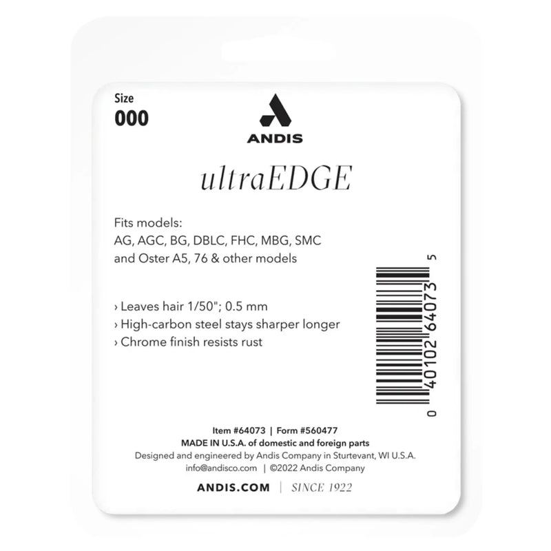 A white rectangular product information card for ANDIS ultraEDGE, showing size 000, model fit details, a barcode, and branding on a white background.