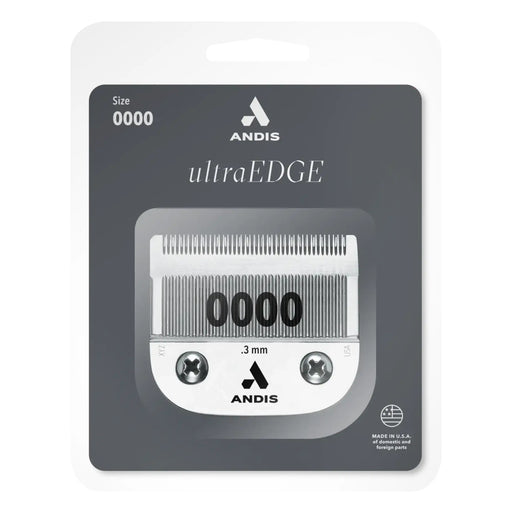 Andis ultraEDGE clipper blade size 0000 in its original retail packaging, showing the silver metal blade through a clear window on a dark gray card.