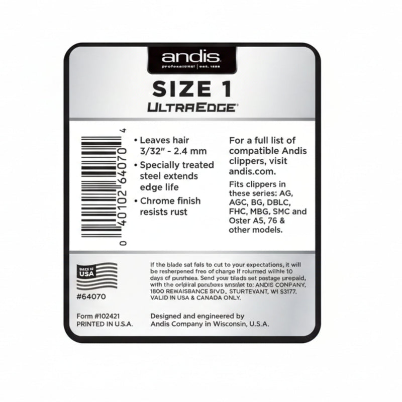 A rectangular Andis UltraEdge Size 1 blade set package insert card with a white center panel, black text, a barcode, and product details on a light gray background.