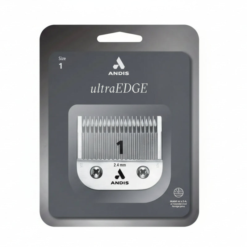 Andis ultraEDGE Size 1 clipper blade in its original retail blister packaging, showing the silver metal blade with black printed size and brand markings.