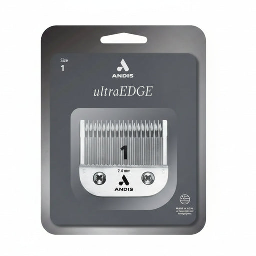 Andis ultraEDGE Size 1 clipper blade in its original retail blister packaging, showing the silver metal blade with black printed size and brand markings.