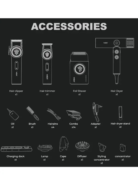 VGR Professional Barber Combo 4 in 1 Grooming Kit with Travel Case