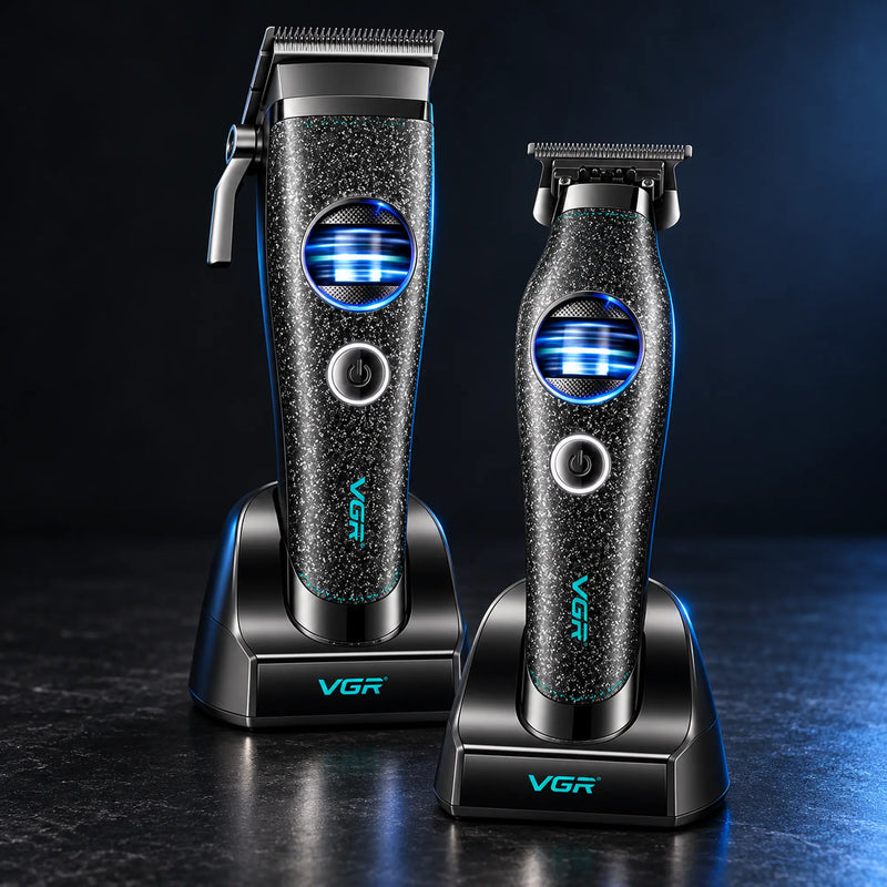 VGR V-880 S2 barber clipper and trimmer combo on charging bases