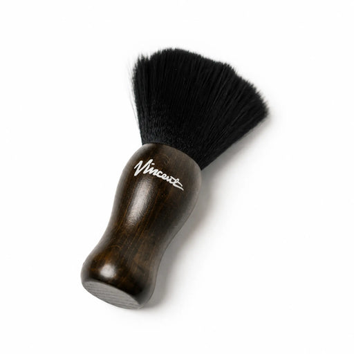 Angled view of Vincent VT144 neck duster with black bristles and branded wooden handle
