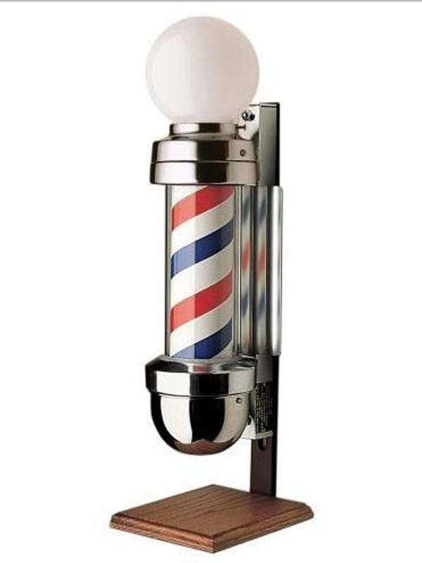 William Marvy Model 410 Barber Pole with Two Lights and Oak Finished Stand