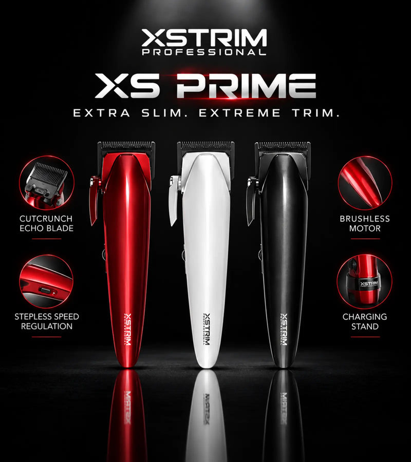 Three XSTRIX Professional XS PRIME cordless hair trimmers in metallic red, white, and black are displayed on a reflective black background with promotional text and circular feature callouts.