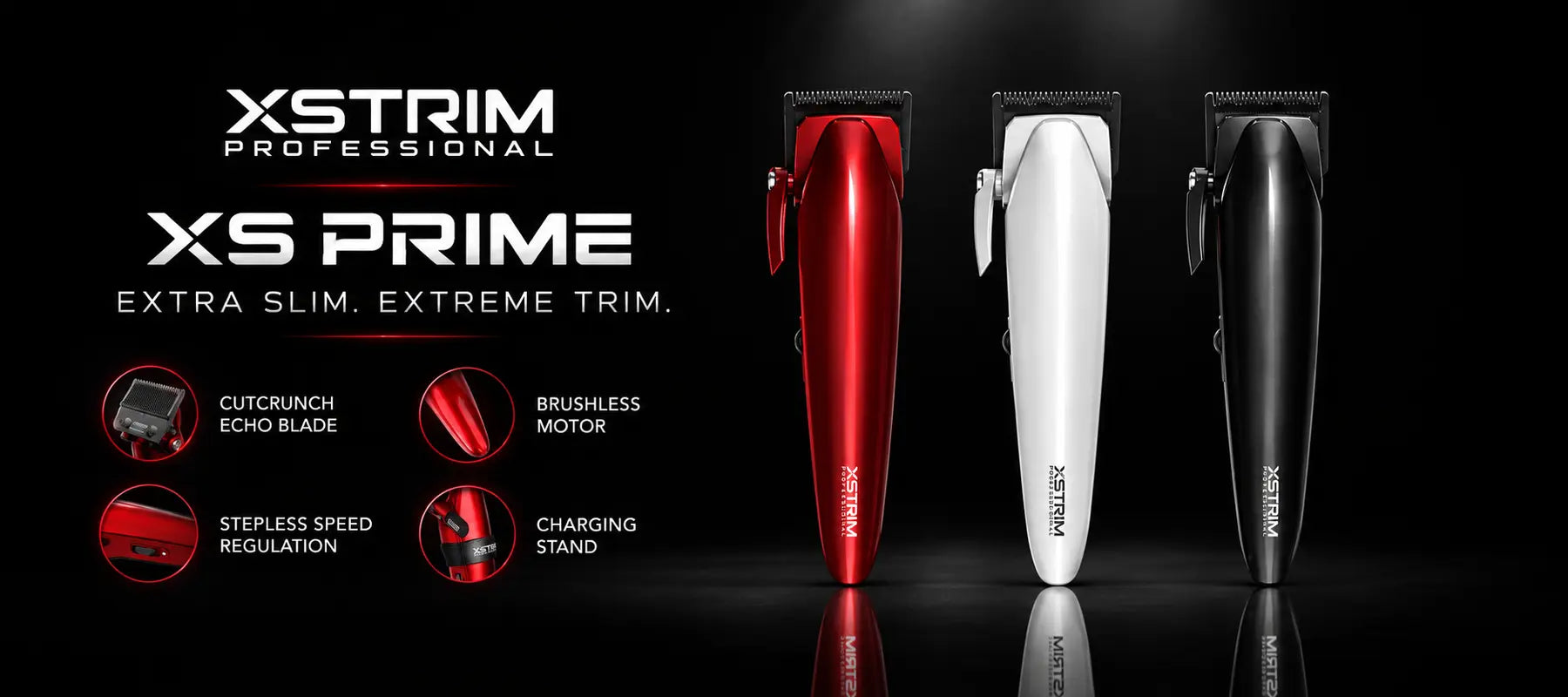 Three XSTrim Professional XS Prime cordless hair clippers in metallic red, white, and black, displayed on a reflective black background with product feature callouts on the left.